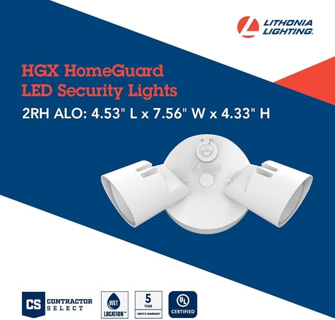 Lithonia Lighting HomeGuard 2-Light LED Outdoor Flood Lights, Outdoor LED Lights, Dusk to Dawn Sensor, Adjustable Lumens, 4000K Cool White, Round Heads, White (HGX LED 2RH ALO 40K 120 PE WH M2)