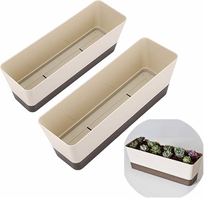 Skelang 2 Pcs Rectangular Plant Pot, 12" Watering Plant Container with Drainage Hole, Window Planter Box with Saucer for Succulents, Flowers, Herbss
