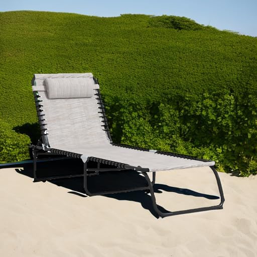 Outsunny Folding Chaise Lounge Chair, Patio Sun Tanning Chair, Outdoor Chaise Lounger with 4-Position Reclining Back, Breathable Mesh Seat for Beach, Poolside, Yard, Cream White