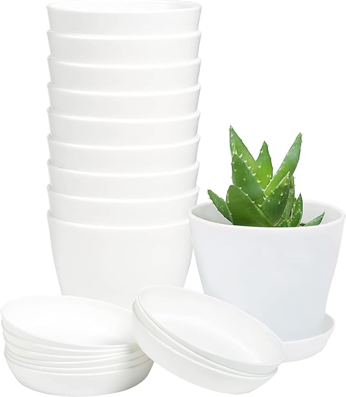 TDHDIKE 10 Pcs Plastic Planters Indoor Flower Plant Pots, Mini Flower Seedlings Nursery Pot/Planter/Flower Pot with Pallet, Modern Decorative Gardening Containers (White)