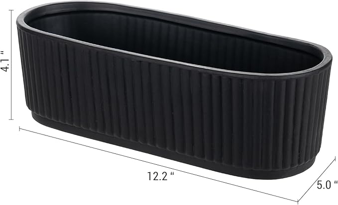 MyGift 12 Inch Ceramic Succulent Planter, Oval Matte Black Planter Pot with Drainage Holes, Indoor Plants Flower Herb Garden Pot Window Box