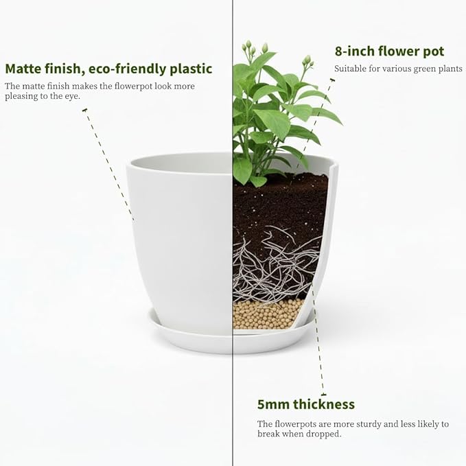 Plant Pots 8 Inch Set of 6, Flower Pots with Drainage Holes and Saucer, Plastic Garden Planters for Indoor & Outdoor Plants (White)