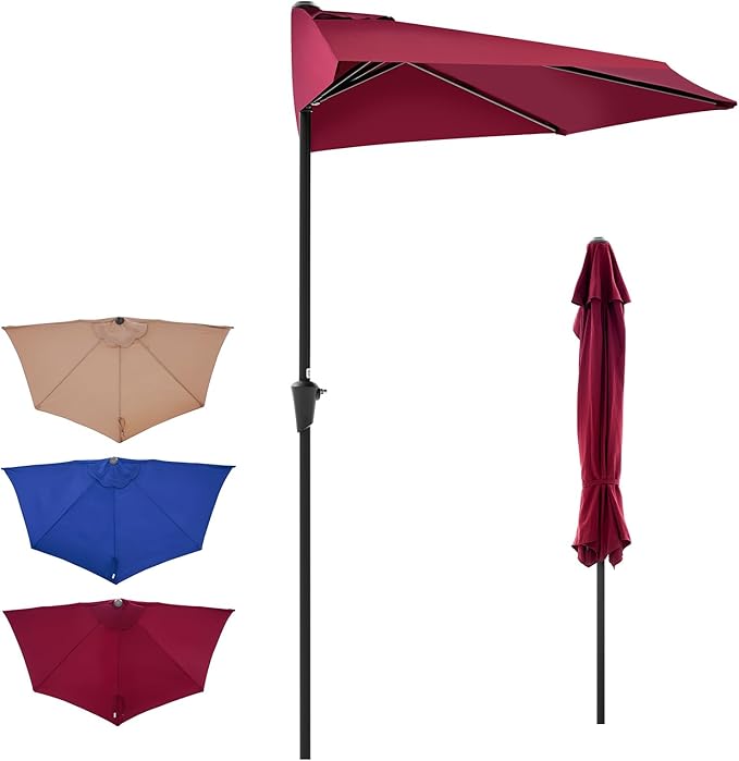 OLIXIS Half 9Ft Umbrella Outdoor Patio, Scalloped Patio Umbrella with Easy Crank, Sun Half Patio Umbrella for Balcony, Market, Garden, Red