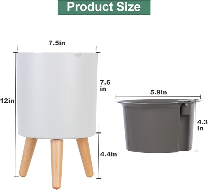 7.8 Inch Planter Pot with Solid Wood Legs, Self Watering Planter Pots with Water Shortage Alarm Planter Pot for Indoor Outdoor Modern Flower Planter for Home & Garden(White)