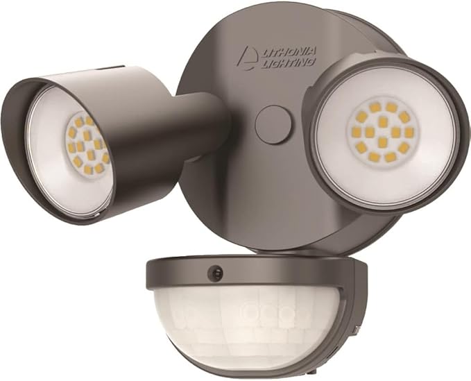 Lithonia Lighting HomeGuard 2-Light LED Outdoor Flood Lights, Motion Sensor Outdoor Lights with Dusk to Dawn, 4000K Cool White, Round Heads, Dark Bronze (HGX LED 2RH 40K 120 MO DDB M2)
