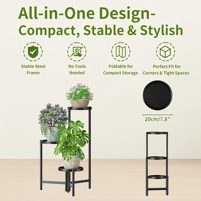 3 Tier Large Plant Stand Indoor with 7.9 Inch Wide Tray, Tiered Corner Metal Outdoor Flower Holder Stand, Folding Tall Rack for Display Shelf for Patio Porch Balcony - BlackDisk