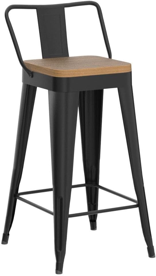 WENTMENT Bar Stools Set of 4 Counter Height Metal Barstools with Removable Back 30" Kitchen Bar Stools with Wooden Seat, Black