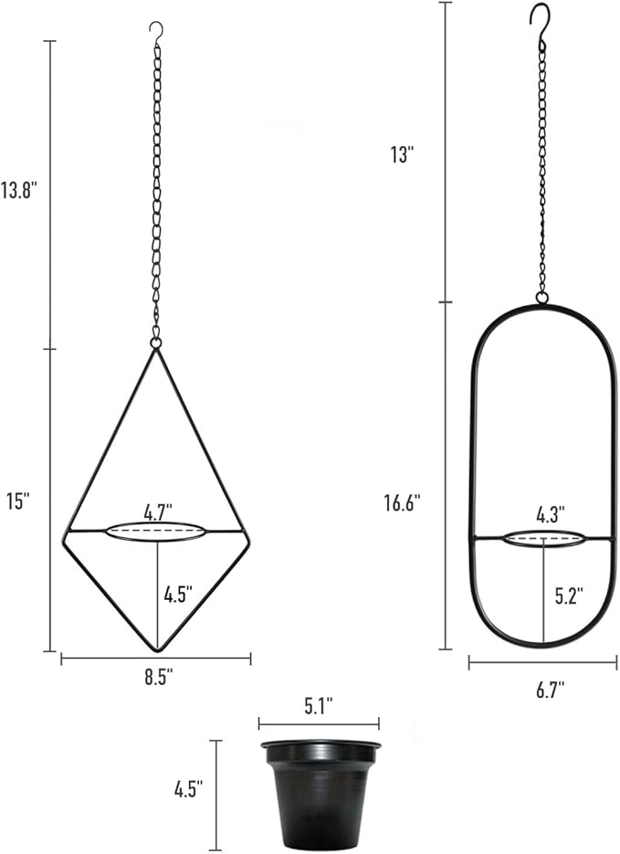 Modern Hanging Planters for Indoor Plants, Metal Plant Hanger with 5 inch Flower Pot, Set of 2 Black Plant Holder in Diamond and Oval Shape, Small Wall and Ceiling Hanging Pot for Outdoor Plants