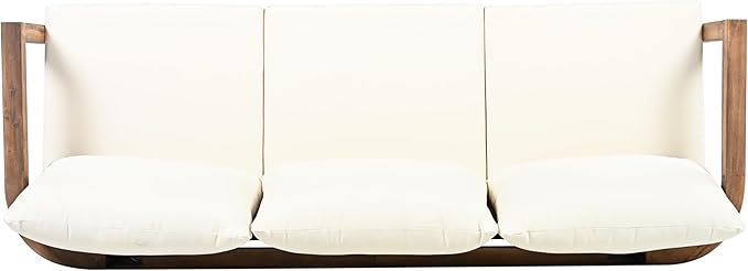 Merax 3 Seater Outdoor Acacia Wood Patio Sofa with Cushions for Porch, Garden, Backyard, Balcony, Brown wash, Beige Cushion