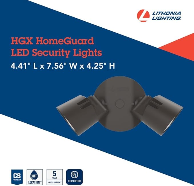 Lithonia Lighting HomeGuard 2-Light LED Outdoor Flood Lights, Wall or Ceiling Mount Outdoor Lights, 4000K Cool White, Round Heads, Dark Bronze (HGX LED 2RH 40K 120 DDB M2)