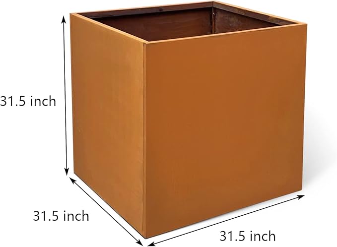 Corten Steel Planter Box Metal Outdoor Planter Large Square Cube Rustic 32 Inch Planter Pot for Commercial Residential Tall Plant Patio Deck and Backyard