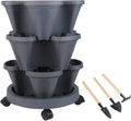 DUNCHATY Stackable Planter, Vertical Garden Planter with Wheels and Tools, Self Watering Strawberry Planter Indoor/Outdoor 3 Tier Herb Planter Pots for Growing Vegetables and Succulents, Dark Gray