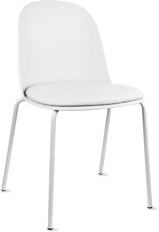 2xhome Modern Stackable Armless Dining Chair, Plastic Shell Seat with Upholstered PU Leather Cushion Padded Seat Metal Legs for Home Kitchen Patio Cafe, White