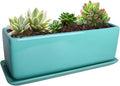 Vencer 14 Inch Rectangular Modern Minimalist Ceramic Succulent Planter Pot - Window Box with Saucer,Office Desktop Potted Stand,Turquoise,VF-0173T