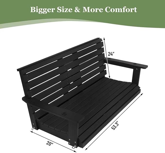 Poly Lumber 3-Seat Porch Swing, HIPS 5-Feet Bench Swing with Foldable Cup Holders,18/8 Stainless Steel Hardware, High Backrest and Deep Contoured Seat, Carbon Black