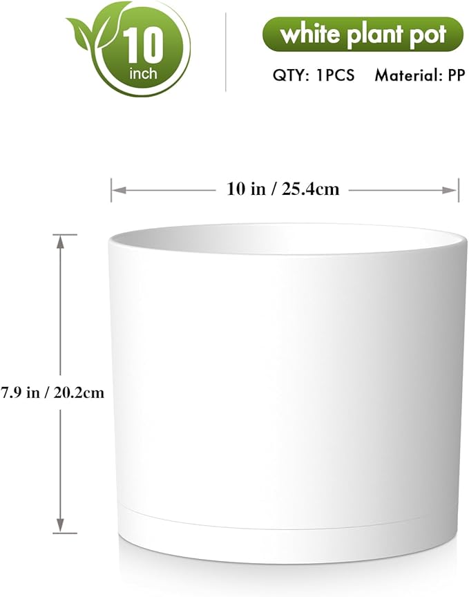 10 Inch Round Plastic Plant Pot with Drainage Holes and Saucer, Wide Flower Pots for Indoor & Outdoor Plants– 7.9" Tall Modern Cylinder Planter Pot for House Plants and Home Decorative, Matte White