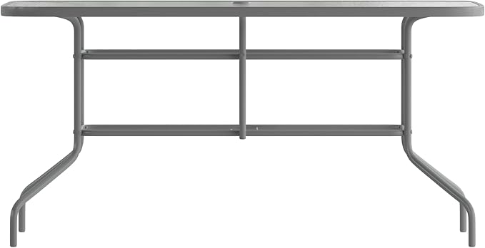 Flash Furniture Tory 31.5" x 55" Rectangular Tempered Glass Metal Table with Umbrella Hole, Silver