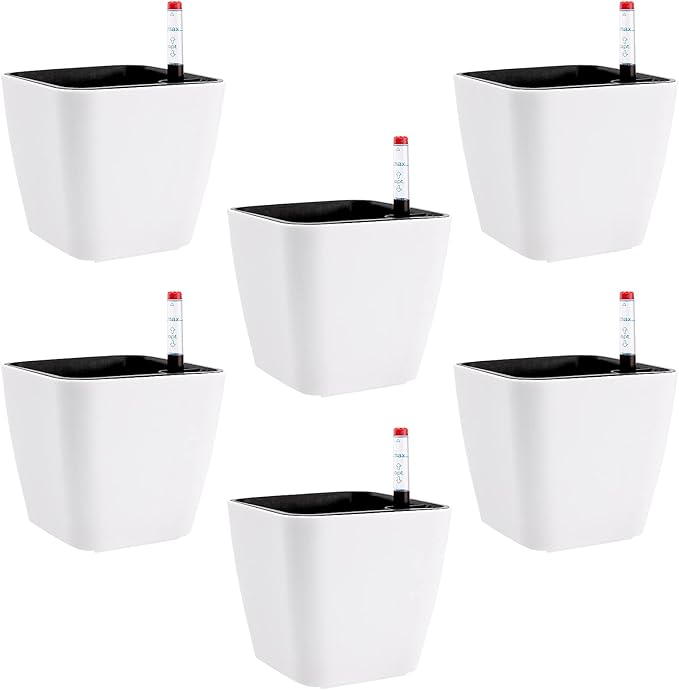 5.5 Inch Self Watering Plastic Planter With Indicator - 6 PCS Square Plant Pots, Decorative Lazy Flower Pot for House Plants, Herbs, Aloe, Succulents