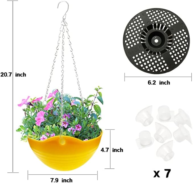 7 Pack 8 Inch Plastic Self-Watering Hanging Planters,Colorful Garden Flower Plant Pot Container Baskets with Drainer Chain for Indoor Outdoor Use,7 Colors