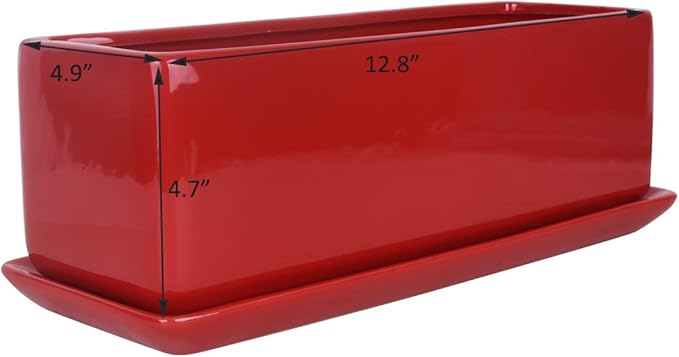 Vencer 12 Inch Rectangular Modern Minimalist Ceramic Succulent Planter Pot - Window Box with Saucer,Office Desktop Potted Stand,Red,VF-0135R