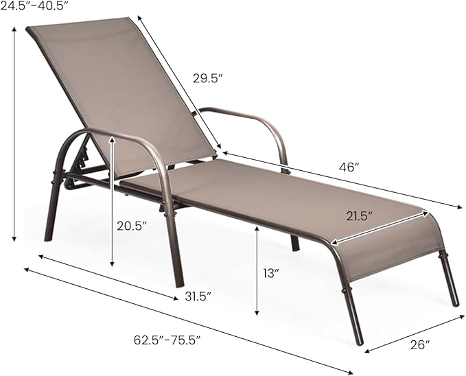 Giantex Patio Lounge Chair, Outdoor Chaise Lounge with 5 Adjustable Backrest, Sturdy Metal Frame, Sunbathing Recliner, Tanning Chairs for Outside, Beach, Yard, Balcony, Poolside, Brown