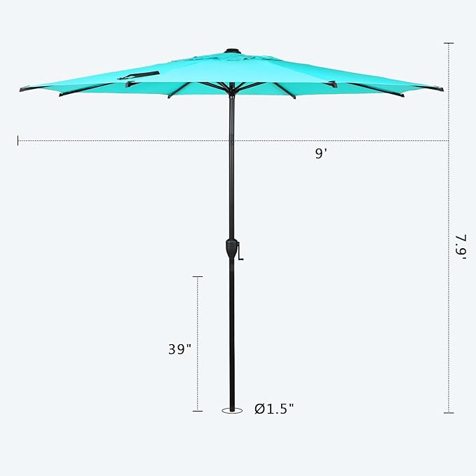 Abba Patio 9FT Lyon Outdoor Patio Umbrella Outdoor Table Umbrella with Push Button Tilt and Crank Market Umbrella 8 Sturdy Ribs UV Protection Waterproof for Garden Deck Backyard Pool, Turquoise