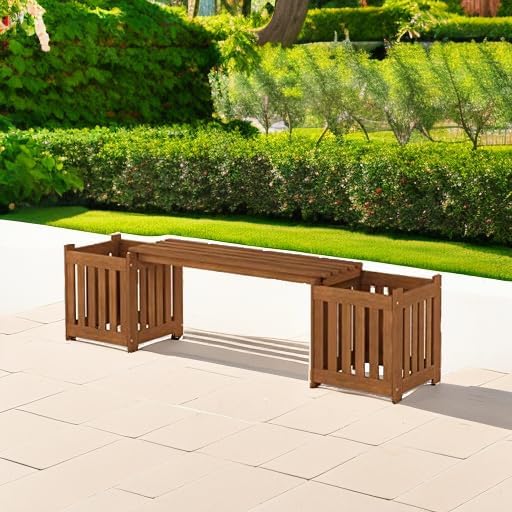 FURINNO FG19455 Tioman Hardwood Outdoor Lifestyle Flowerbox with Bench, Natural