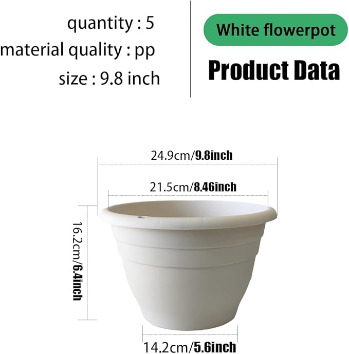 5 Pack 10 Inch Plant Pots for Indoor Outdoor,Plastic Floor Planters with Drainage Holes,Lightweight Flower Pots for Home,Patio & Garden(White)