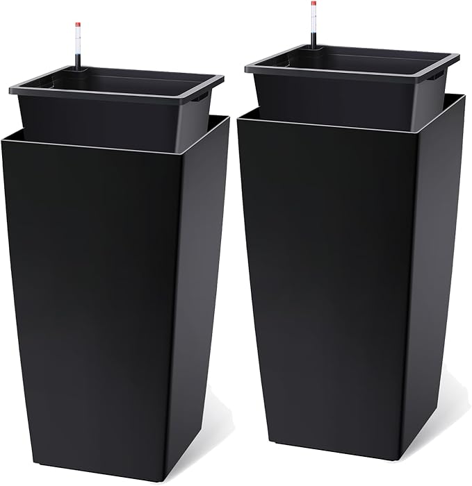 30 Inch Tall Self Watering Planters Set of 2, Outdoor Plant Pots with Automatic Watering System, Water Level Monitor, Drainage, Wheels & Inner Bucket, for Front Porch & Indoor Plants Black