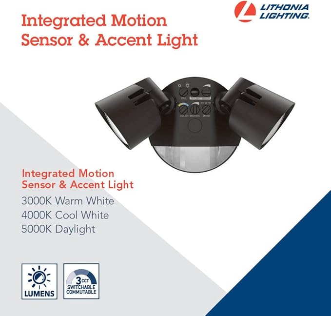 Lithonia Lighting HomeGuard 2-Light LED Outdoor Flood Lights, Motion Sensor Outdoor Lights with Dusk to Dawn, Adjustable Lumens and Color, Round Heads, Dark Bronze (HGX LED 2RH ALO SWW2 120 PIR DDB)