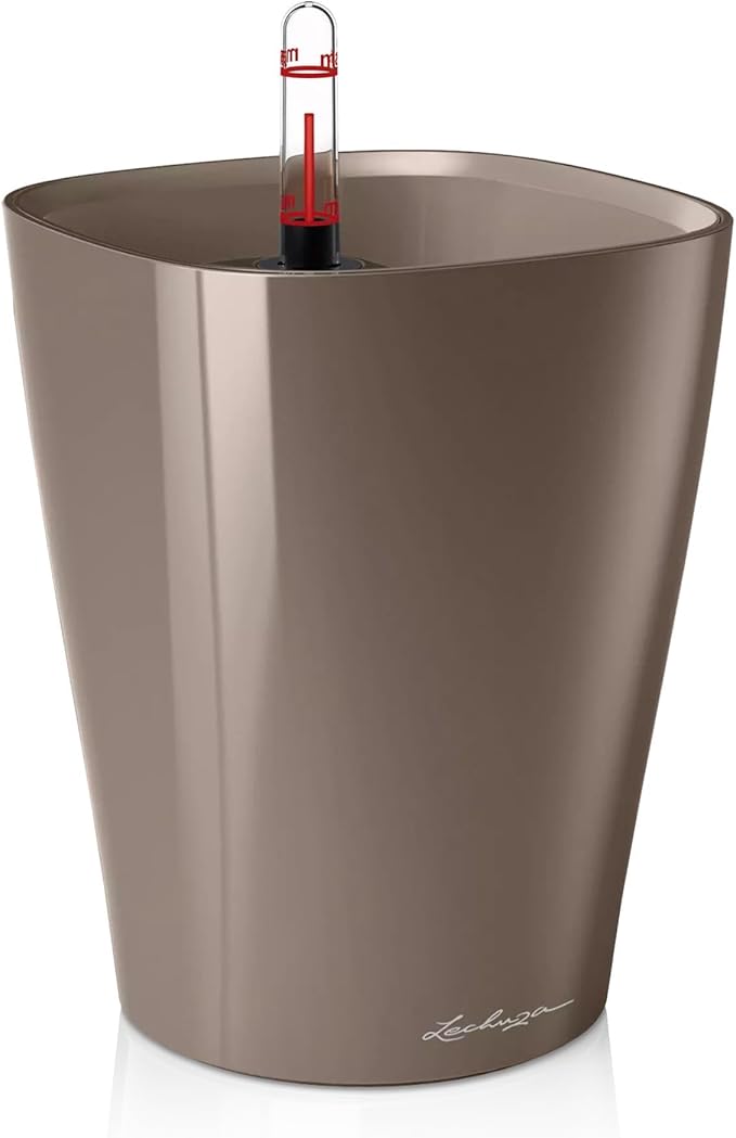 Lechuza DELTINI Shiny Taupe High Gloss, Self-Watering Small Indoor Planter, H7.5 L5.9 W5.9 in