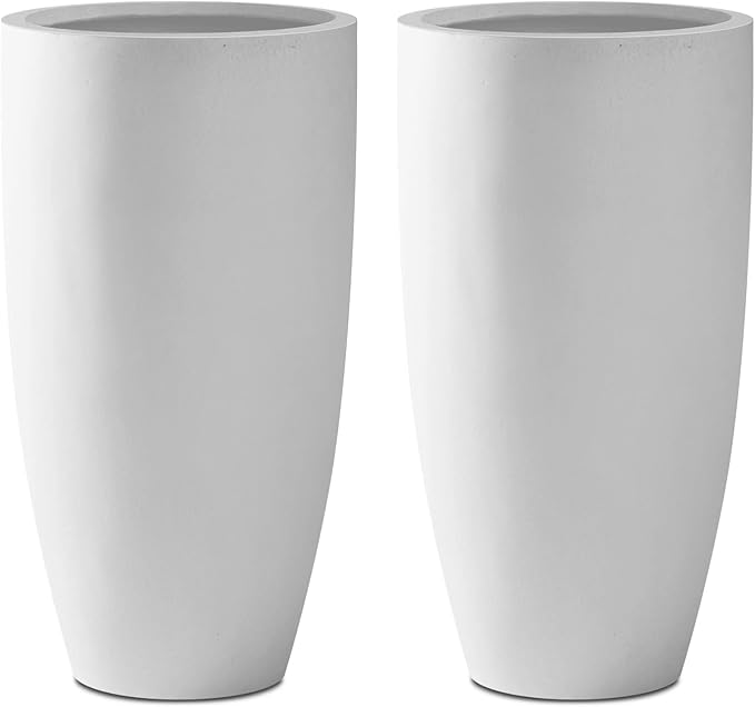 Kante 23.6" H Pure White Concrete Tall Planters (Set of 2), Large Outdoor Indoor Decorative Plant Pots with Drainage Hole and Rubber Plug, Modern Style for Home and Garden