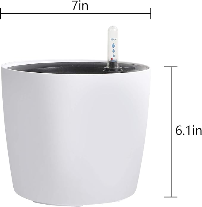 KINJOEK 5 Packs 7 Inch Self Watering Pot with Water Level Indicator, Modern Garden Decorative White Flower Pot, Flowers, African Violets, Succulents, White