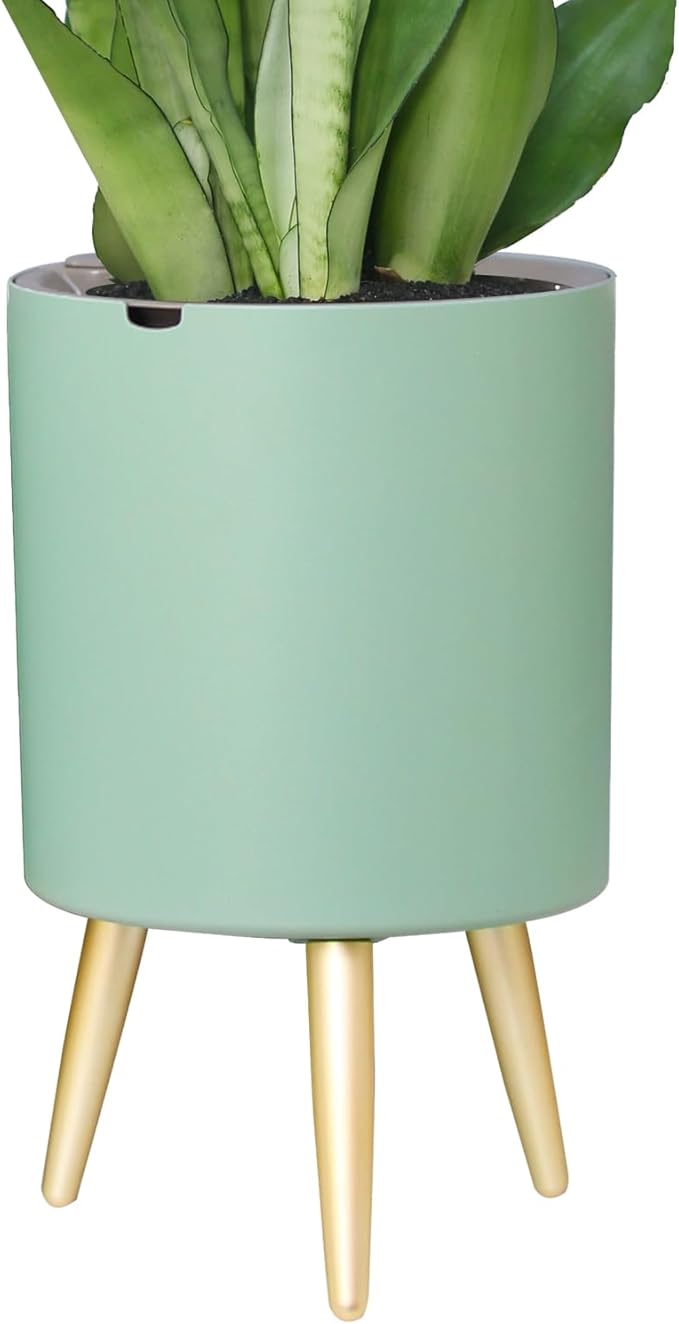 7.8 Inch Planter Pot with Metal Craft Legs, Self Watering Planter Pots with Water Shortage Alarm Planter Pot for Indoor Outdoor Modern Planter for Home & Garden (Green)