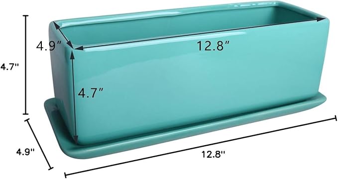 Vencer 12 Inch Rectangular Modern Minimalist Ceramic Succulent Planter Pot - Window Box with Saucer,Office Desktop Potted Stand,Turquoise,VF-0135T