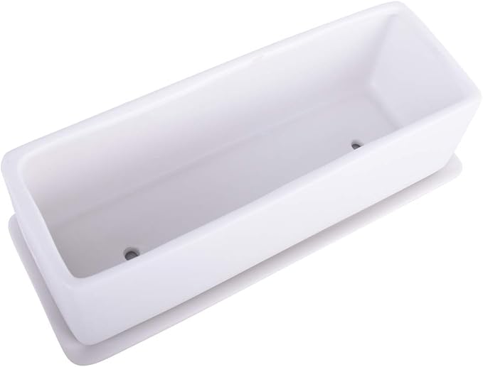 Vencer 12 Inch Rectangular Modern Minimalist Ceramic Succulent Planter Pot - Window Box with Saucer,Office Desktop Potted Stand,White,VF-0135