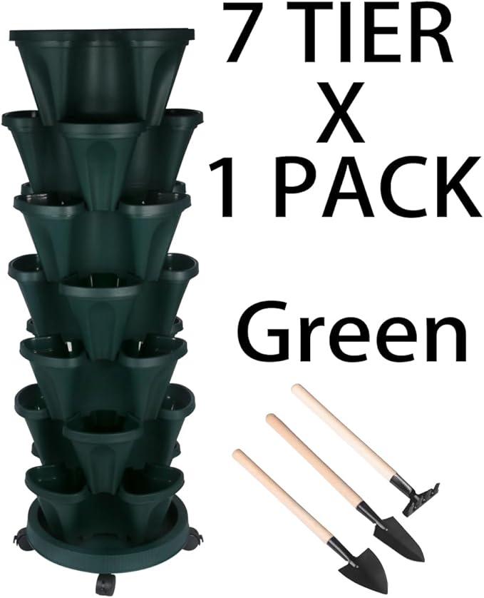 GameXcel Vertical Planter 7 Tier Stackable Planters Garden Planters Strawberry Herb Flower and Vegetable Planter Indoor Outdoor Gardening Pots with Removable Wheels and Tools - Green