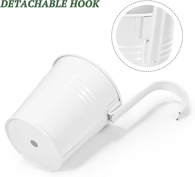HowRU Metal Iron Flower Pots for Railing Fence Hanging Bucket Pots(5 Pcs) and Hanging Flower Pots Metal Iron Bucket Planter(10 Pcs) (White)