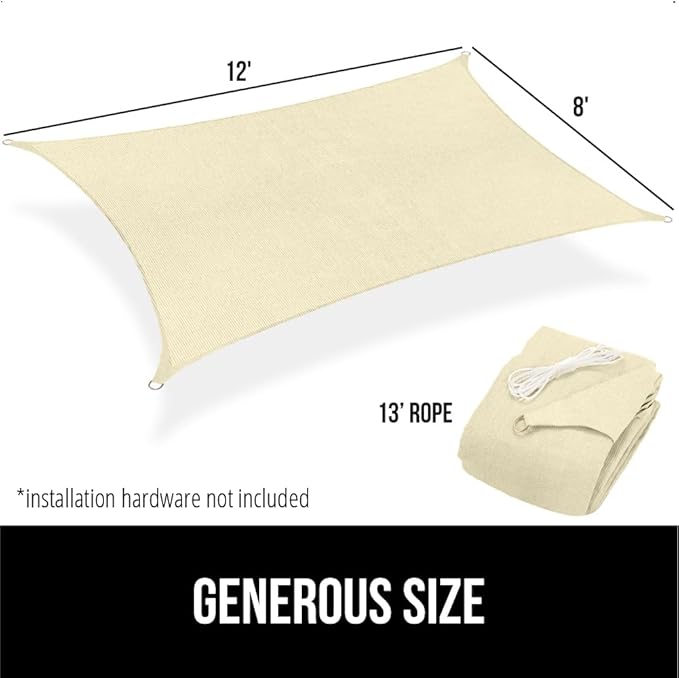 GORILLA GRIP Heavy Duty Sun Shade, UV Protection Fade Tear and Rust Resistant Rectangle Sunshade Canopy, Curved Edges Blocks Sunlight, Breathable Sail, Outdoor Patio, Lawn Garden, 8x12 FT Butter Cream