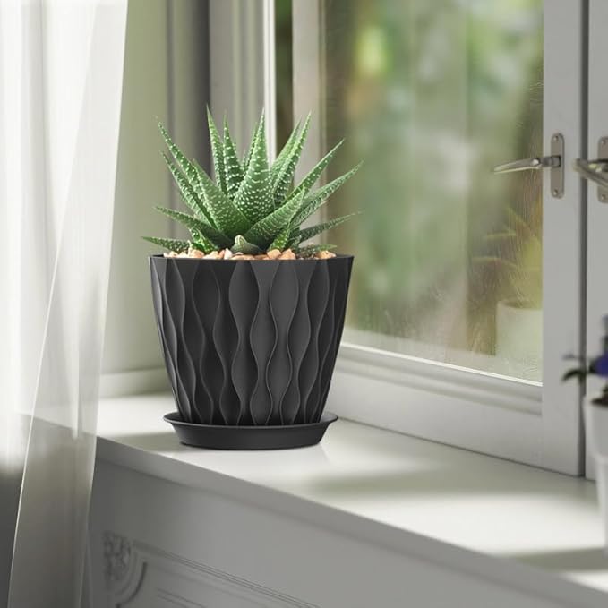7 Inch Plant Pots 5 Pack, Flower Planters with Drainage Holes and Trays,Plastic Pots for Indoor Outdoor Plants,Black