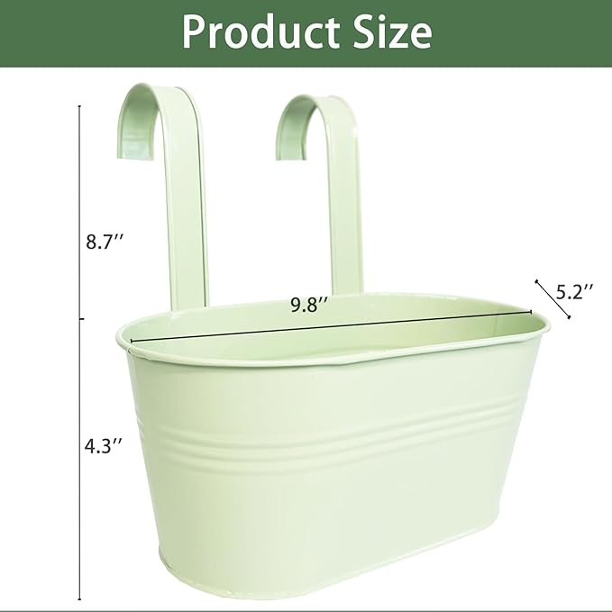 Balcony Hanging Planters Flower Pots, 10" Metal Flower Pots for Outdoor Balcony Rails, Fence Pot Hanging Plant Holders with Detachable Hooks for Garden Patio Yard Decor (Mint Green, 6Pcs)