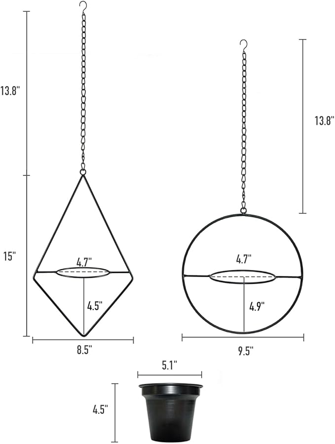 Metal Hanging Planters, Modern Plant Hanger with 5 inch Flower Pot, Set of 2 Black Plant Holder in Diamond and Round Shape, Small Wall and Ceiling Planter for Indoor Plants, Home Décor