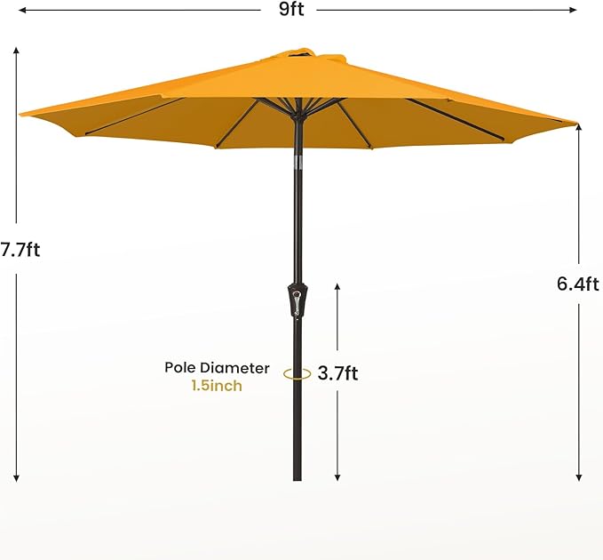 MEWAY 9ft Patio Umbrella Outdoor Table Umbrellas with Push Button Tilt and Crank, Market Umbrella 8 Sturdy Ribs for Deck, Garden, Pool and Backyard, Sun Orange