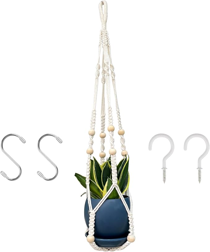 RIFNY Macrame Plant Hanger Indoor, 35 Inch Hanging Plant Holder with Hooks, Large Boho Hanging Basket Plant Hanger for Wall Window Ceiling Plants Decor (White, 1PC)