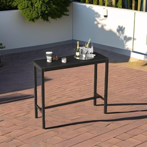 Outdoor Bar Table, 45" Patio Bar Height Counter Console Table, Black Waterproof HDPS Slatted Top and Bronze Leg, Weather Resistant, Hot Tub, Balcony, Yard, Indoor or Outdoor Use