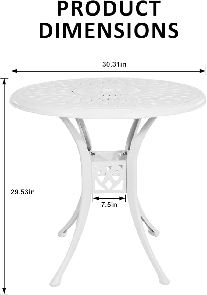 30.31" Outdoor Patio Dining Table, Cast Aluminum Bistro Table, Patio Furniture Set with 2.36" Umbrella Hole for Balcony Lawn Garden Backyard
