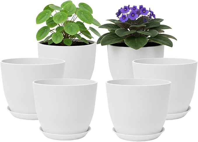 Plant Pots 8 Inch Set of 6, Flower Pots with Drainage Holes and Saucer, Plastic Garden Planters for Indoor & Outdoor Plants (White)