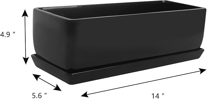 Vencer 14 Inch Rectangular Modern Minimalist Ceramic Succulent Planter Pot - Window Box with Saucer,Office Desktop Potted Stand,Black,VF-0175B