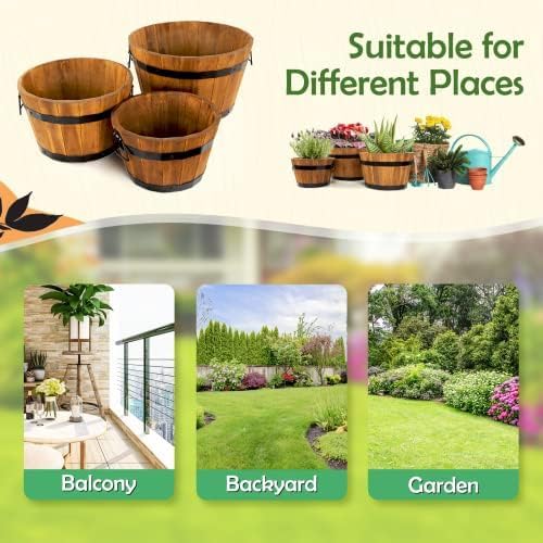 Idzo Set of 3 Wooden Upgraded Brown Orange Flower Boxes Outdoor, Durable Acacia Wood Barrel Planters for Outdoor Plants with Ergonomic Handles, Drainage Holes, Multiple Sizes Wood Bucket Planter
