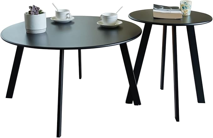 Outdoor Patio Coffee Table Set of 2, Weather Resistant End Table, Round Nesting Tables for Living Room Balcony Office,Black